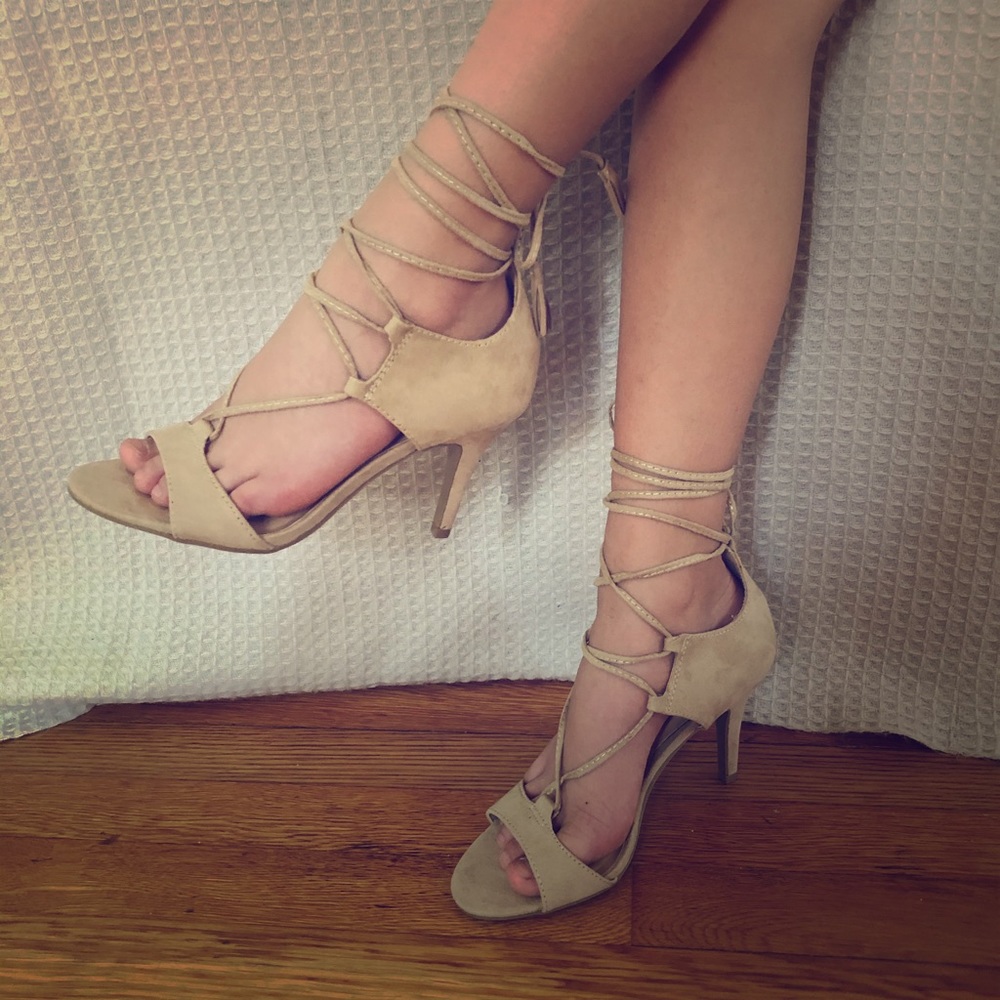 Tan strappy high heels